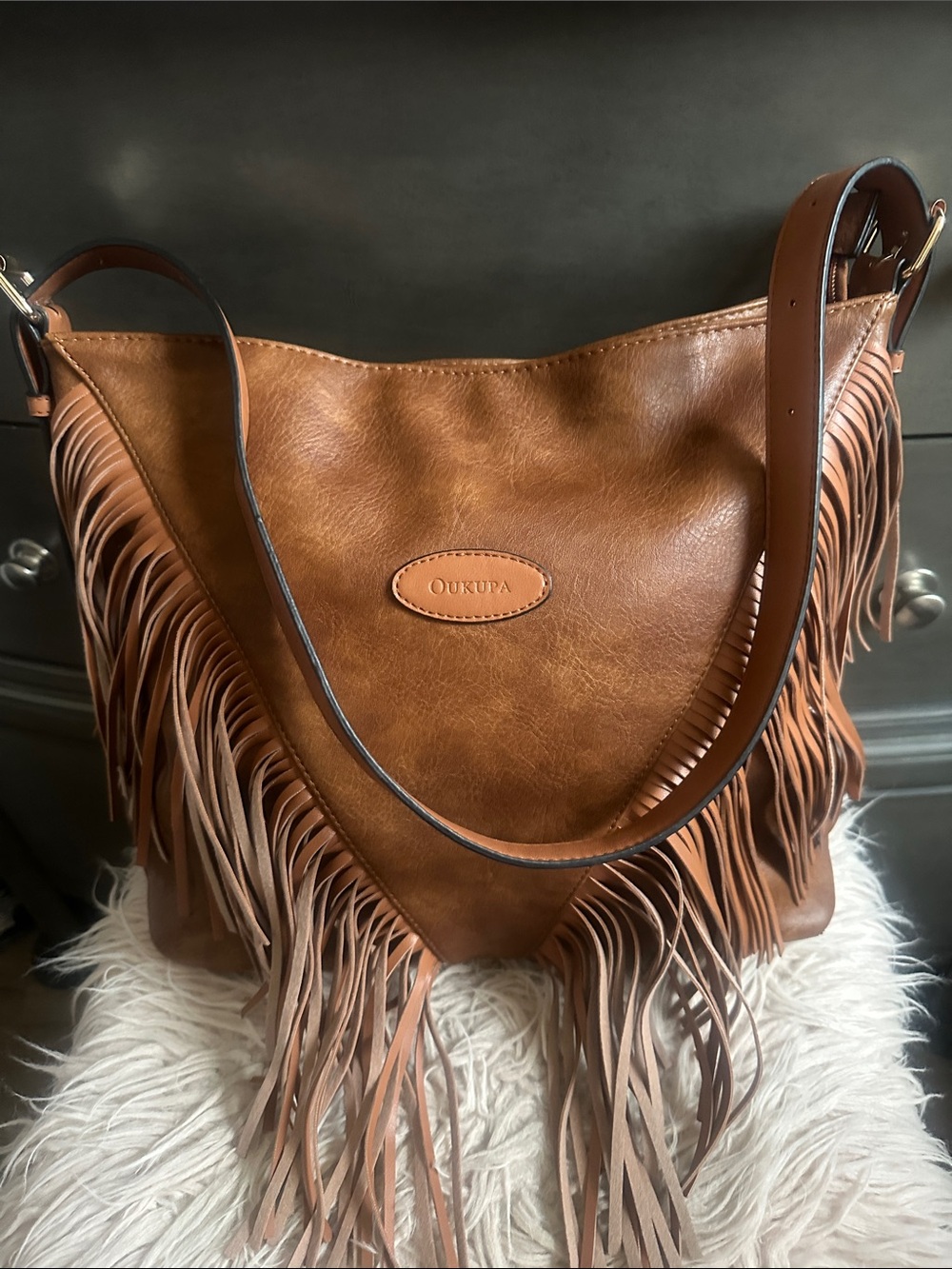 Oukupa Tan Fringe Shoulder Bag